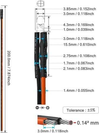 12-18V 3mm Water Clear Orange LED Indicator Light With 20cm Cable - 3