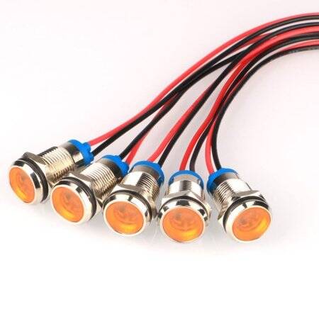 12mm 10-24V Sarı LED Metal Sinyal Lambası 15cm Kablolu - Metal İndicator Light - 1