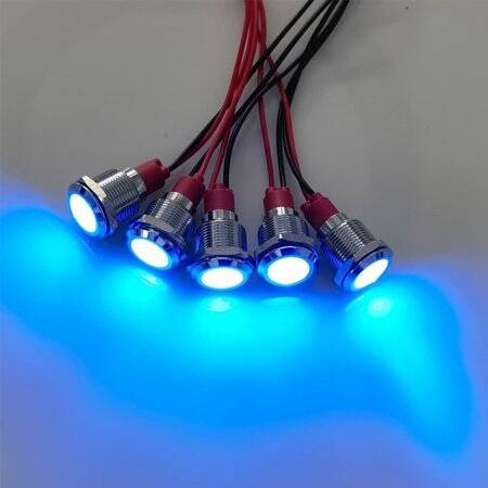 12mm 220V Mavi LED Metal Sinyal Lambası 15cm Kablolu - Metal İndicator Light - 3