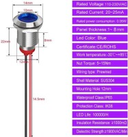 12mm 220V Mavi LED Metal Sinyal Lambası 15cm Kablolu - Metal İndicator Light - 5