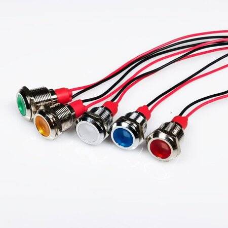 12mm 220V Sarı LED Metal Sinyal Lambası 15cm Kablolu - Metal İndicator Light - 2