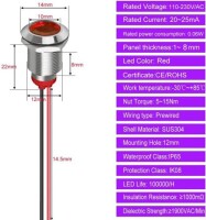 12mm 220V Sarı LED Metal Sinyal Lambası 15cm Kablolu - Metal İndicator Light - 5