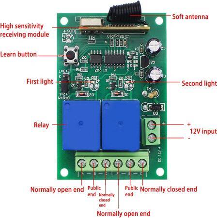 12V 2CH Relay Module Wireless Remote Control Switch + 2 x RF 433Mhz Remote - Without Battery - 4