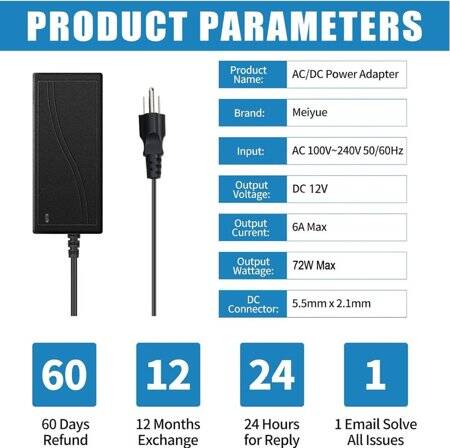 12V 6A 72W US Plug Çift Kablolu Entegre Güç Adaptörü - 2