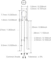 18mm Leg 5mm LED Water Clear Yellow Green Use 2V 20mA - 4