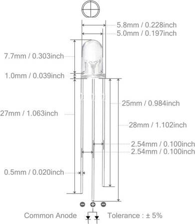 18mm Leg 5mm LED Water Clear Yellow Green Use 2V 20mA - 4