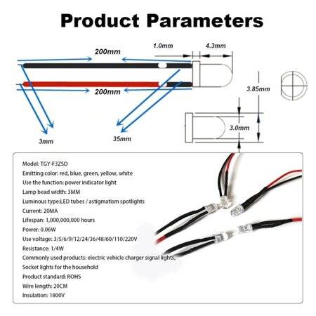 220V 3mm Water Clear Ice Blue LED Indicator Light With 20cm Cable - 3