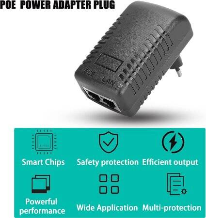 24V 1A 100M PoE Injector EU Plug - Silver Network Port - 2
