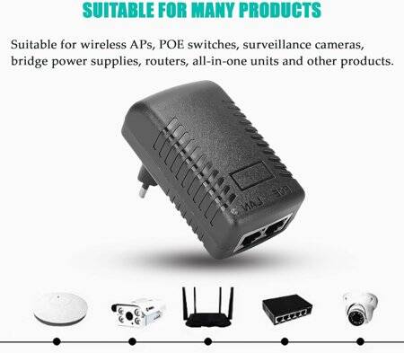 24V 1A 100M PoE Injector EU Plug - Silver Network Port - 5