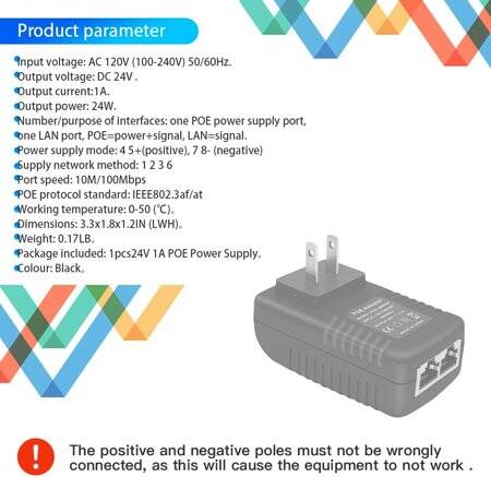 24V 1A 100M PoE Injector US Plug - Silver Network Port - 4