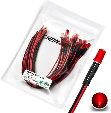 30-40V 5mm Water Clear Red LED Indicator Light With 20cm Cable - 1