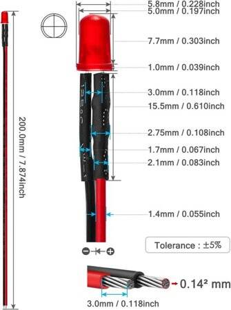 30-40V 5mm Water Clear Red LED Indicator Light With 20cm Cable - 3