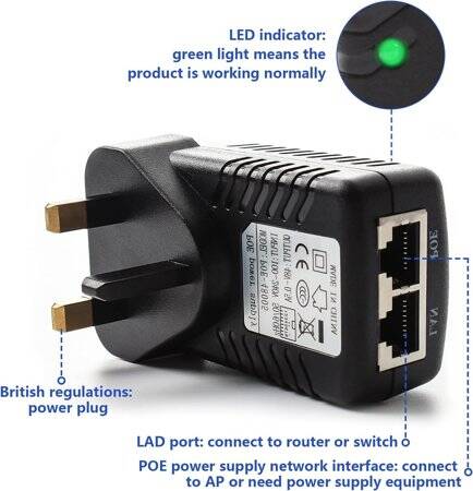 48V 0.5A 100M PoE Injector UK Plug - Silver Network Port - 2