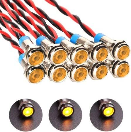 6mm 10-24V Sarı LED Metal Sinyal Lambası 15cm Kablolu - Metal İndicator Light - 1