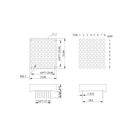 8x8mm Red 64 Led Dot Matrix Display 3mm CC 80Mcd 32x32mm - 2