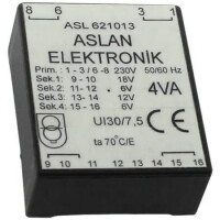ASL621013 TRAFO UI30/7,5/230 18-12V 2X6V ASLAN - 1