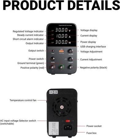 Black WPS3010H 30V 10A DC Adjustable RegulaTor Power Supply With Cable 110V US Plug - 3