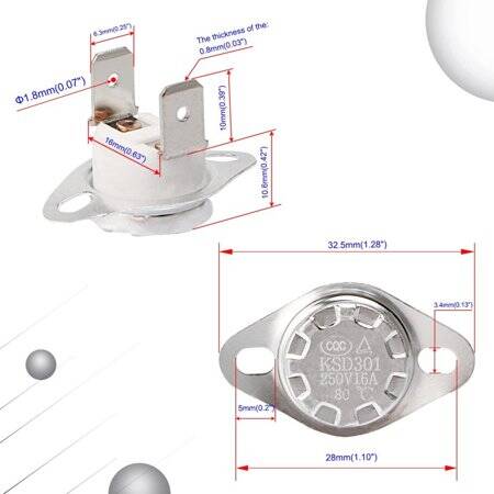 Ceramics KSD301 80 Degree Normally Closed NC Temperature Controlled Switch Thermostat 250V 16A Temperature Control - 2