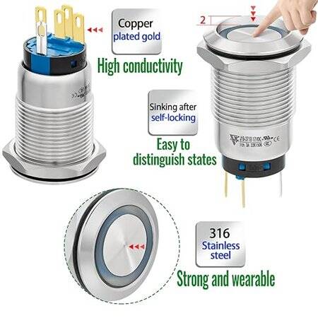 Çıkık Kafa 12mm 110-220V Su Geçirmez Anlık Kendinden Sıfırlamalı Metal Push Buton Yeşil ledli Soket Dahil - 2