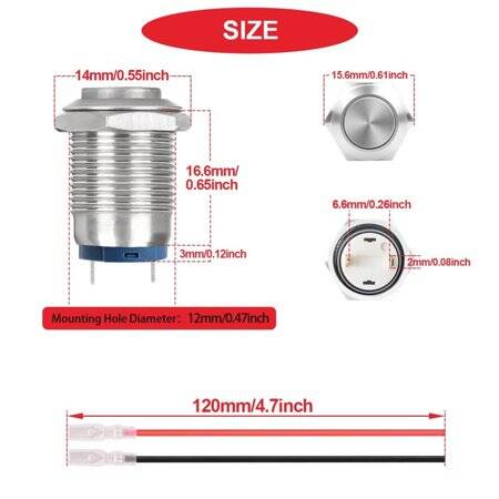 Çıkık Kafa 12mm Su Geçirmez Kendinden Kilitli Metal Push Buton Işıksız - 4