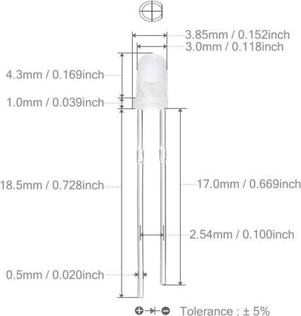 Diffused 18mm Leg 3mm LED Green Use 2V 20mA - 3