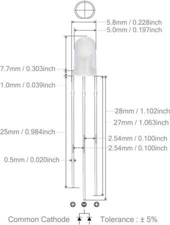 Diffused 28mm Leg 5mm LED Water Clear Red+Pure Green CC Use 2V 20mA - 4