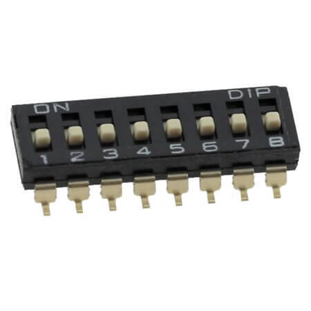 DM-08-V SWITCH DIP 8 Pos. SPST 25mA 24VDC SMT V/T - 1