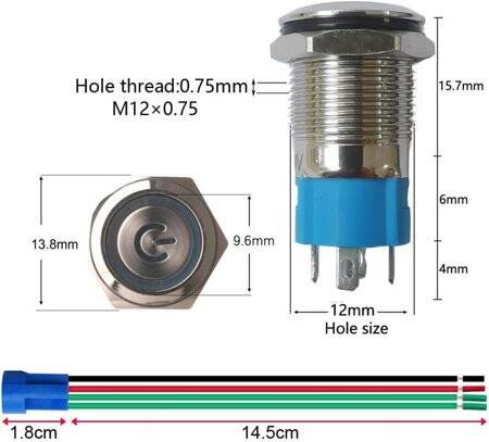 Flat Head 12mm 110-220V Waterproof Self-Locking Metal Push Button Switch With Green Led Light And Switch Socket Button Connector - 3