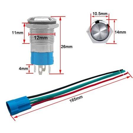 Flat Head 12mm 12-24V Waterproof Self-Locking Metal Push Button Switch With Green Led Light And Switch Socket Button Connector - 2
