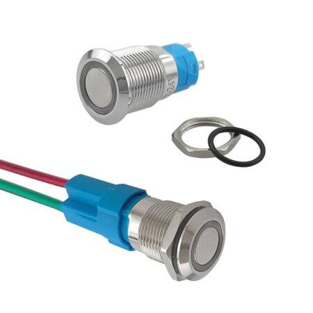 Flat Head 12mm 12-24V Waterproof Self-Locking Metal Push Button Switch With Green Led Light And Switch Socket Button Connector - 3