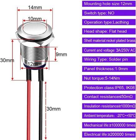 Flat Head 12mm Waterproof Self-Locking Metal Push Button Switch Without Light - 5