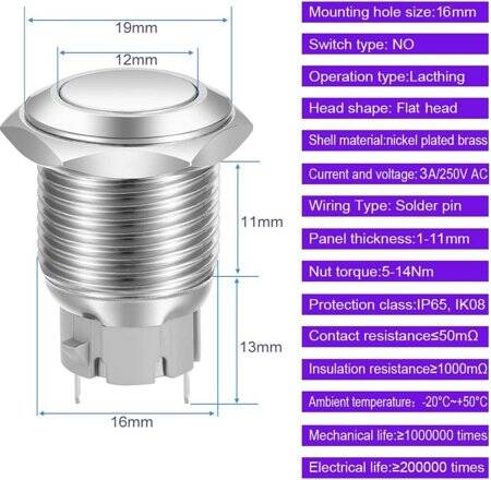Flat Head 16mm 110-220V Waterproof Self-Locking Metal Push Button Switch With Red Led Light And Switch Socket Button Connector - 3
