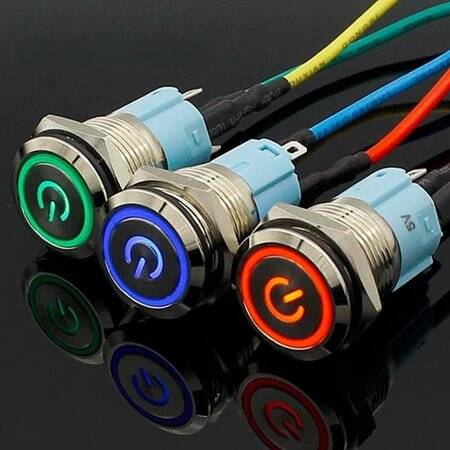 Flat Head 16mm 12-24V Waterproof Momentary Self-Resert Metal Push Button Switch With Red Led Light And Switch Socket Button Connector - 1