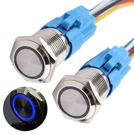 Flat Head 16mm 12-24V Waterproof Self-Locking Metal Push Button Switch With Blue Led Light And Switch Socket Button Connector - 1