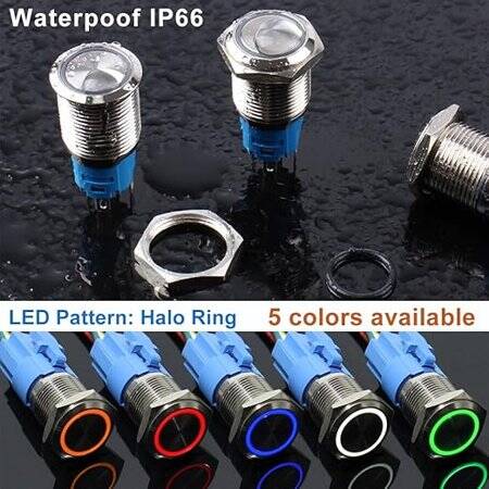Flat Head 16mm 12-24V Waterproof Self-Locking Metal Push Button Switch With Blue Led Light And Switch Socket Button Connector - 3