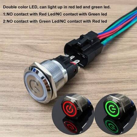 Flat Head 16mm 12-24V Waterproof Self-Locking Metal Push Button Switch With Red Led Light And Switch Socket Button Connector - 2