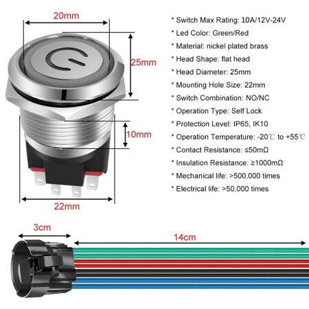 Flat Head 16mm 12-24V Waterproof Self-Locking Metal Push Button Switch With Red Led Light And Switch Socket Button Connector - 5