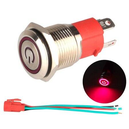 Flat Head 16mm 12-24V Waterproof Self-Locking Metal Push Button Switch With Red Led Light - 2
