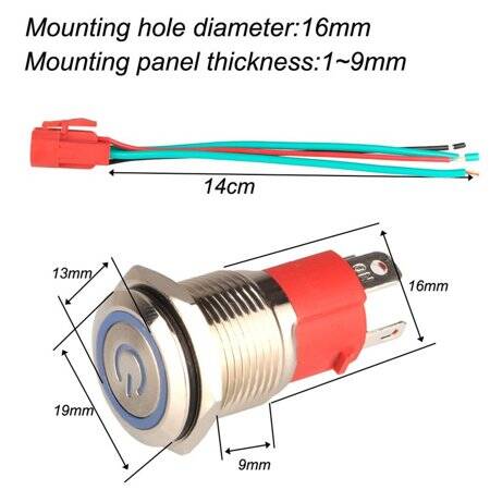 Flat Head 16mm 12-24V Waterproof Self-Locking Metal Push Button Switch With Red Led Light - 3