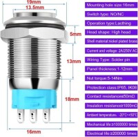 Flat Head 16mm 3-6V Waterproof Self-Locking Metal Push Button Switch With Red Led Light And Switch Socket Button Connector - 2