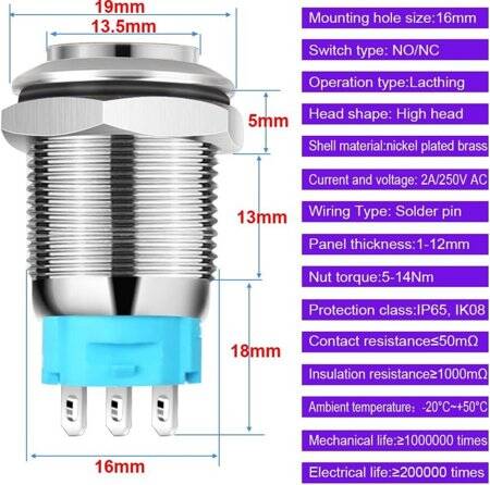 Flat Head 16mm 3-6V Waterproof Self-Locking Metal Push Button Switch With Red Led Light And Switch Socket Button Connector - 2