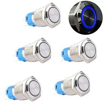 Flat Head 19mm 12-24V Waterproof Momentary Self-Resert Metal Push Button Switch With White Led Light - 1