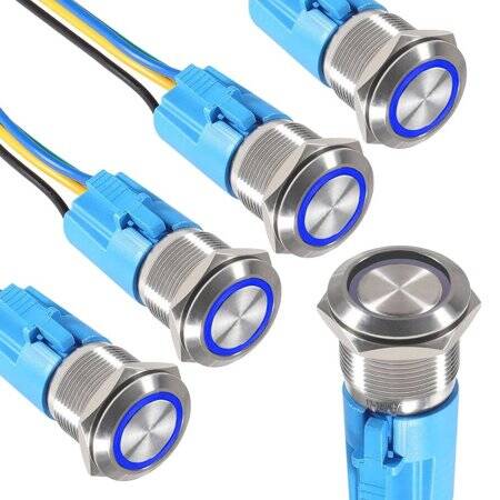 Flat Head 19mm 12-24V Waterproof Self-Locking Metal Push Button Switch With Blue Led Light And Switch Socket Button Connector - 1