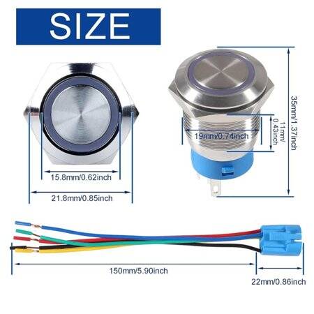 Flat Head 19mm 12-24V Waterproof Self-Locking Metal Push Button Switch With Blue Led Light And Switch Socket Button Connector - 5