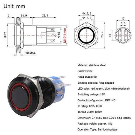 Flat Head 19mm 12-24V Waterproof Self-Locking Metal Push Button Switch With Red Led Light - 2
