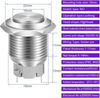 Flat Head 19mm Waterproof Self-Locking Metal Push Button Switch Without Light - 3