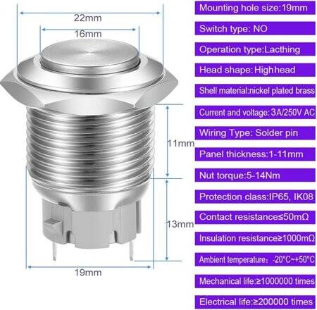 Flat Head 19mm Waterproof Self-Locking Metal Push Button Switch Without Light - 3