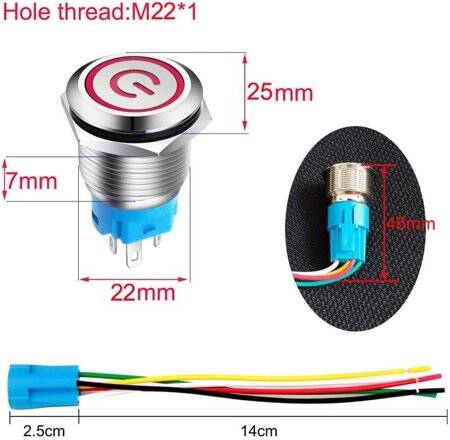 Flat Head 22mm 110-220V Waterproof Self-Locking Metal Push Button Switch With Red Led Light And Switch Socket Button Connector - 2