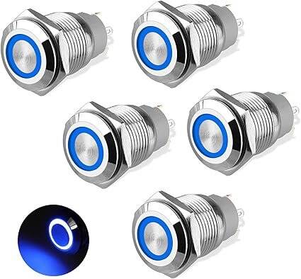 Flat Head 22mm 12-24V Waterproof Momentary Self-Resert Metal Push Button Switch With Blue Led Light - 1