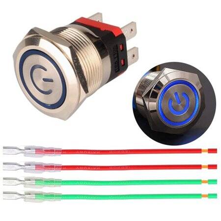 Flat Head 22mm 12-24V Waterproof Self-Locking Metal Push Button Switch With Blue Led Light And Switch Socket Button Connector - 1